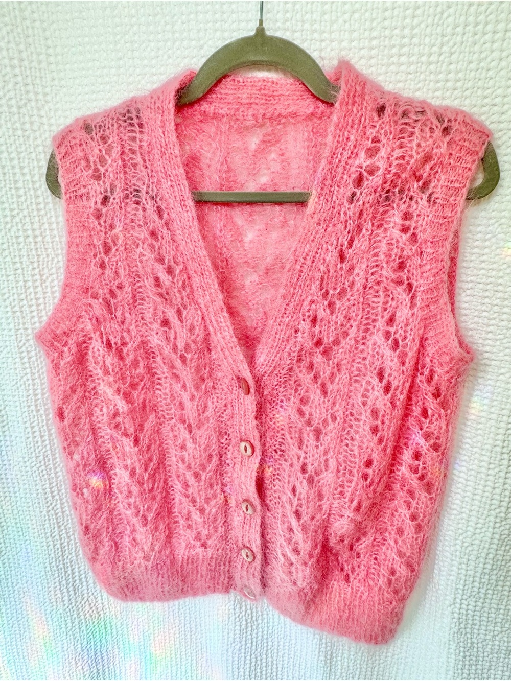 Flawless 100% Mohair Hand Knit Bubblegum Pink Button-Front Women's Sweater Vest